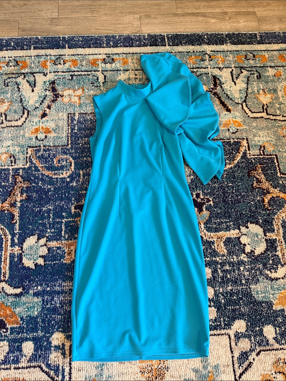 New York & Company Bright Teal One-Shoulder Ruffle Dress